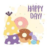 feliz dia, bonés de festa donuts e desenhos de doces vetor