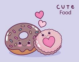 comida fofa donut de chocolate e biscoito amor coração doce sobremesa pastelaria desenho animado vetor