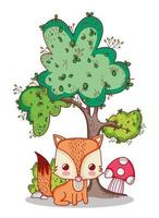 animais fofos, pequena raposa cogumelo árvore natureza cartoon vetor