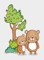 animais fofos, ursinhos, árvore arbusto desenho animado da natureza vetor