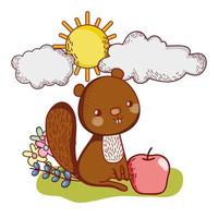 animais fofos, pequeno esquilo com desenho de sol de flor de maçã vetor