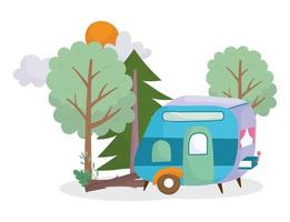camping trailer árvores floresta tronco sol nuvens desenho animado vetor