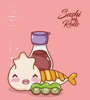 bolinho kawaii saquê tempura ervilhas comida desenho animado japonês, sushi e pãezinhos vetor