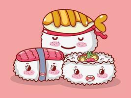 kawaii sushi peixe arroz salmão comida japonesa cartoon, sushi e pãezinhos vetor