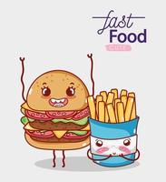 desenho animado de hambúrguer e batatas fritas fofas de fast food vetor
