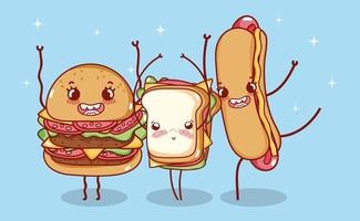 sanduíche de hambúrguer fast food fofo e desenho animado de cachorro-quente vetor