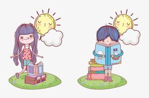 menina e menino com livros sol nuvem grama desenho animado ao ar livre vetor