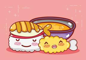 kawaii tempura roll peixe e sopa de comida japonesa cartoon, sushi e pãezinhos vetor