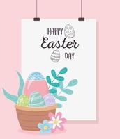 feliz dia de páscoa, cesta com ovos, flores, folhas, folhagem, cartão, decoração vetor