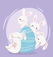 feliz dia de Páscoa, desenho de ovo azul decorativo de coelhos brancos vetor