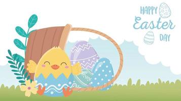 feliz dia de Páscoa, ovos de flores com casca de ovo de galinha na grama de cesto vetor