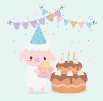 feliz aniversário ovelha presente bolo galhardetes celebração cartão de decoração vetor
