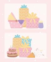 Feliz aniversário e presentes do chá de bebê bolo confete celebração cartão de decoração vetor