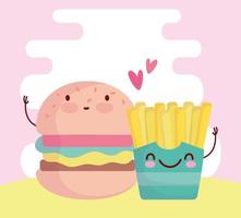 menu de hambúrguer e batatas fritas personagem desenho animado comida fofa vetor