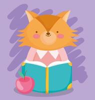 de volta às aulas, livro de leitura de raposa fofo com desenho de maçã vetor