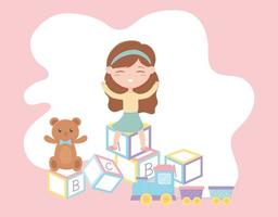 zona infantil, o alfabeto de menina fofa bloqueia o ursinho de pelúcia e brinquedos de trem vetor