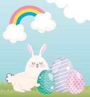 feliz páscoa adorável coelhinho com ovos grama nuvens arco-íris vetor