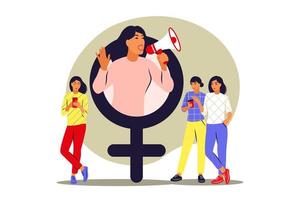 conceito de feminismo. poder feminino e movimento feminista. mulher com megafone. ilustração vetorial. plano. vetor