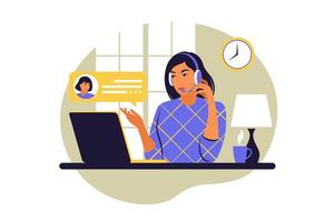 mulher sentada mesa com laptop. trabalhando em um computador. freelance, educação online, estudo ou conceito de mídia social. ilustração vetorial. plano. vetor