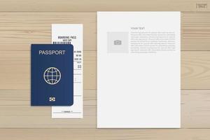 passaporte e bilhete de embarque em fundo de madeira. vetor. vetor