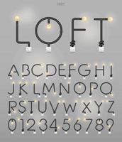 conjunto de letras e números do alfabeto. alfabeto abstrato de lâmpada e interruptor de luz no fundo da parede de concreto. vetor. vetor