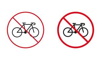 bicicleta não permitido estrada placa. bicicletas banimento círculo símbolo definir. bicicleta proibir tráfego vermelho placa. bicicleta estacionamento proibido linha e silhueta ícones. isolado vetor ilustração