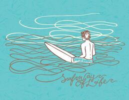 colorida vetor ilustração dentro livre golpes dentro desenho animado estilo do surfista sentado em prancha de surfe esperado de ondas. estilizado desenhando com texto aludindo para a esporte.