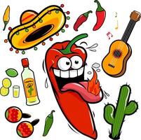 mariachi Pimenta Pimenta mexicano coleção. quente desenho animado Pimenta jalapeno cinco de maionese festa definir. vetor ilustração