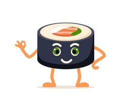 fofa lista personagem, Sushi com engraçado face. Sushi mascote mostrando Está bem gesto. vetor ilustração.