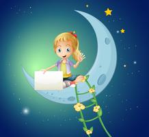 Uma menina sentada na lua, segurando uma sinalização vazia vetor