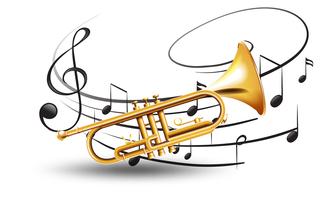 Trompete de ouro com notas musicais no fundo vetor