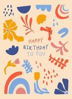 feliz aniversário colorida abstrato mão desenhado estético floral ilustração cumprimento cartão. botânico infantil conceito modelo perfeito para cartões postais, parede arte, bandeira, fundo etc. vetor