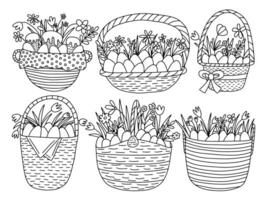 conjunto do Páscoa cestas dentro rabisco estilo. vetor Páscoa cestas com ovos e flores conjunto