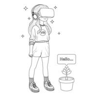 mão desenhado menina usando virtual realidade coloração livro ilustração vetor