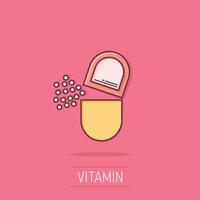 Vitamina comprimido Nota ícone dentro quadrinho estilo. cápsula desenho animado vetor ilustração em isolado fundo. antibiótico respingo efeito placa o negócio conceito.