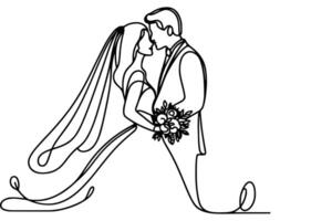 ai gerado 1 contínuo solteiro desenhando Preto linha arte rabisco Casamento casal noiva e noivo outlne vetor ilustração em branco fundo