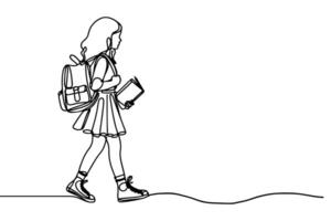 ai gerado 1 contínuo Preto linha desenhando jovem escola menina com uma mochila e carregando livro costas para escola conceito esboço rabisco vetor ilustração em branco fundo