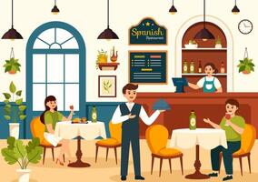 espanhol restaurante vetor ilustração com vários do Comida cardápio tradicional prato típica receita e cozinha dentro plano desenho animado fundo Projeto