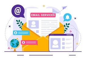 o email serviço vetor ilustração com Arquivo correspondência entrega, eletrônico enviar mensagem e o negócio marketing dentro plano desenho animado fundo