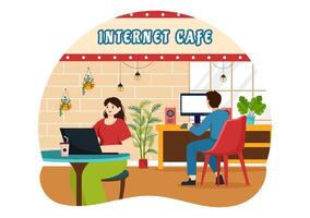 Internet cafeteria vetor ilustração com construção para jovem pessoas jogando jogos, local de trabalho usar uma computador portátil, falando e bebendo dentro plano fundo