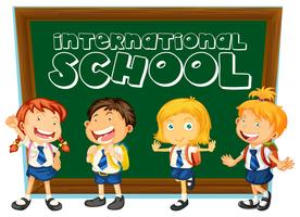 Sinal de escola internacional com estudantes de uniforme vetor