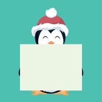 cartão de natal de pinguim segurando um cartaz branco vetor