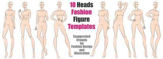 Modelos de figuras de moda de 10 cabeças. croquis exagerado para design de moda e ilustração. ilustração vetorial