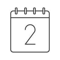 ícone linear do segundo dia do mês. ilustração de linha fina. calendário de parede com 2 letreiros. símbolo de contorno de data. desenho de contorno isolado de vetor