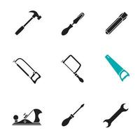 conjunto de ícones de glifo de ferramentas de construção. símbolos de silhueta. martelo, formões, serra, serra, serra manual, jack plane, chave de fenda, chave inglesa. ilustração isolada do vetor