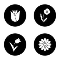 conjunto de ícones de glifo de flores. botão de rosa, papoula, tulipa, camomila. Ilustrações vetoriais de silhuetas brancas em círculos pretos vetor