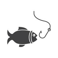 ícone de glifo de pesca. símbolo da silhueta. peixe com anzol. espaço negativo. ilustração isolada do vetor