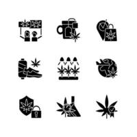 ícones de glifo preto de uso de cannabis definidos no espaço em branco. cultura da maconha. uso recreativo. venda e envio de cânhamo. crescimento da planta. tecido de cannabis. símbolos de silhueta. ilustração isolada do vetor