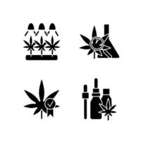 cannabis crescendo ícones de glifo preto definido no espaço em branco. pesquisa médica. certificação de qualidade. tintura de óleo de cânhamo. germinação de sementes de maconha. símbolos de silhueta. ilustração isolada do vetor