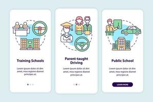 tela da página do aplicativo móvel de integração para adolescentes. instrução gráfica passo a passo de 3 etapas da escola de condução com conceitos. modelo de vetor ui, ux, gui com ilustrações coloridas lineares